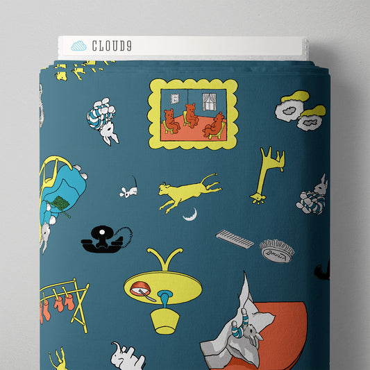 Children's fabric with cartoon characters on a blue background