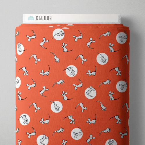 Fabric roll with mouse pattern on an orange/red background, branded 'Cloud9'.
