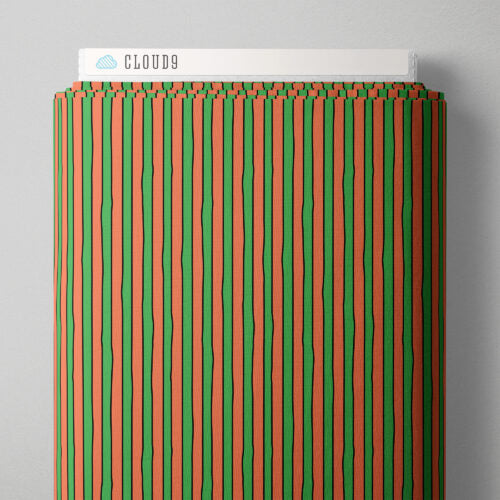 Textile with red and green vertical stripes on a gray background, featuring the brand 'Cloud9'.