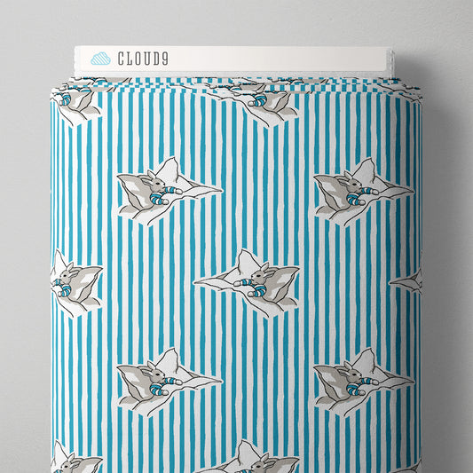 Patterned fabric with cartoon characters on a blue and white striped background, branded 'Cloud9'.