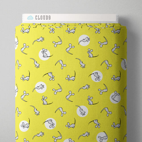Print with little grey mice on yellow fabric, on a bolt of fabric with Cloud9 branding against a grey wall. 