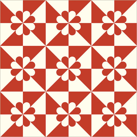 Red and white geometric pattern with floral shapes on a white background