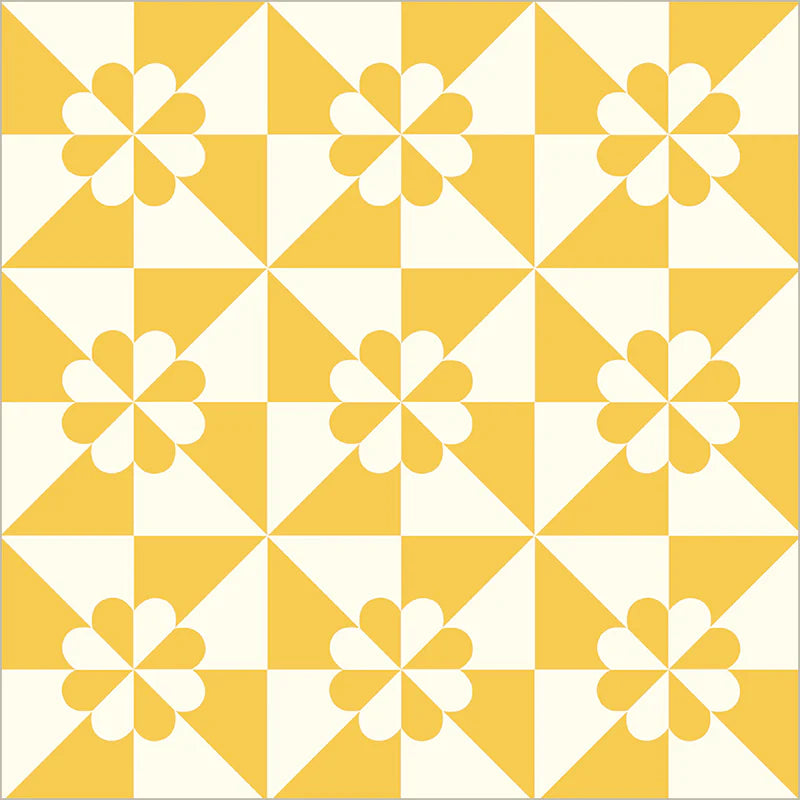 Pattern of yellow and white triangles with floral designs on a white background