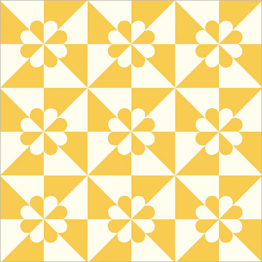 Pattern of yellow and white triangles with floral designs on a white background