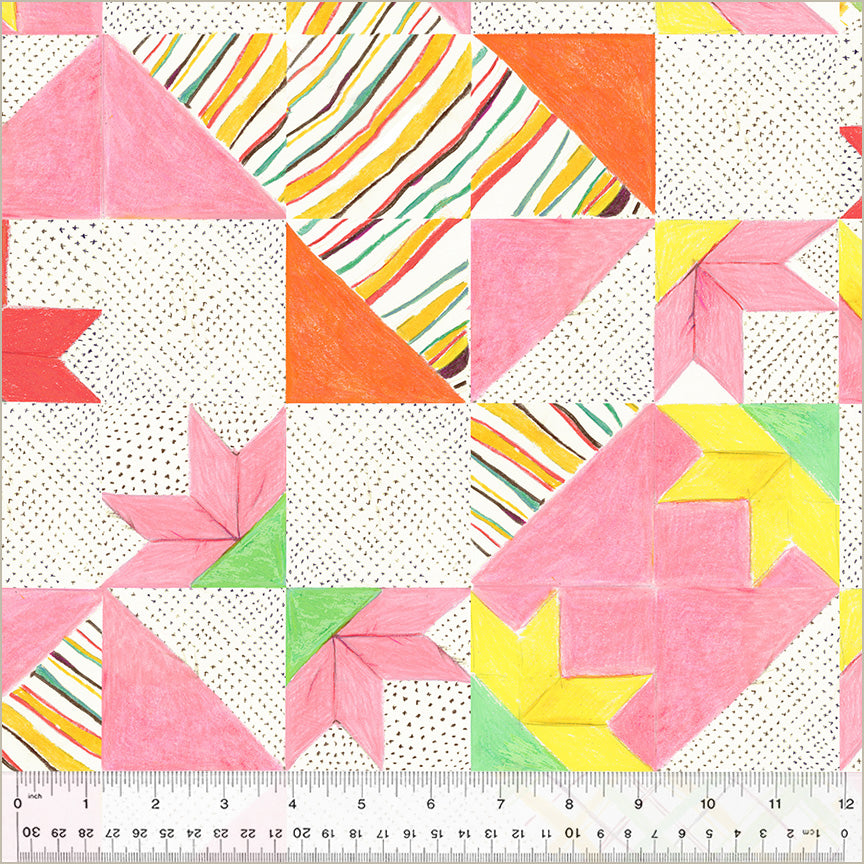 Bee's Quilt, White, Cotton. image of fabric that has a design with squares, each square has a design of either pink, yellow, green, orange/green/red stripes, orange, or red triangles, on a background that is white with black dots.