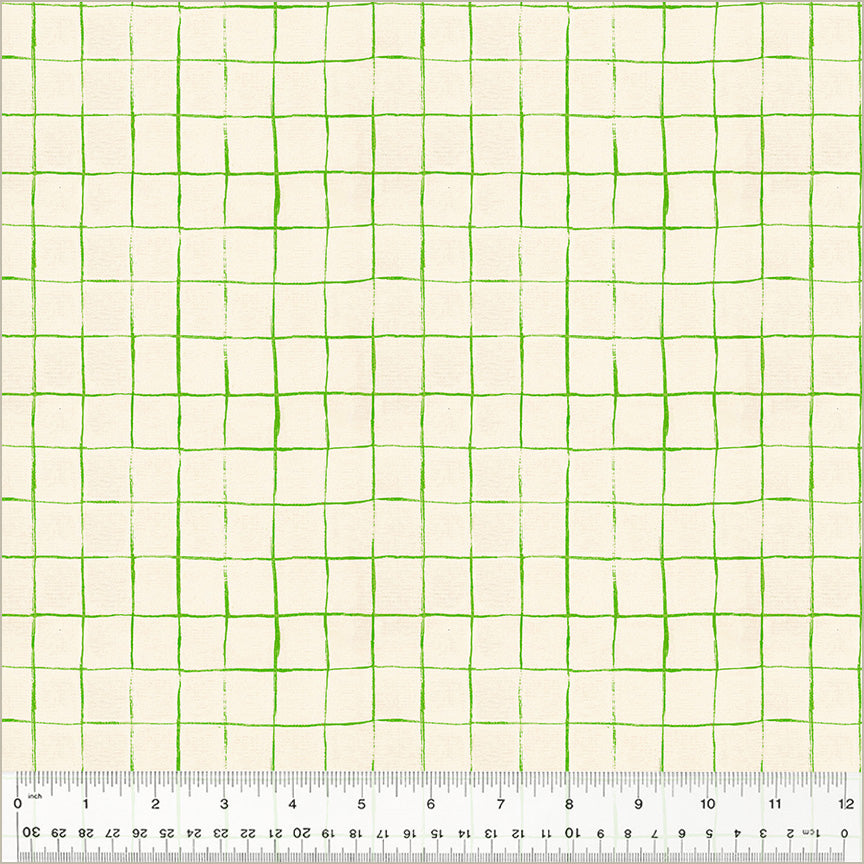 green hand drawn plaid lines over cotton background