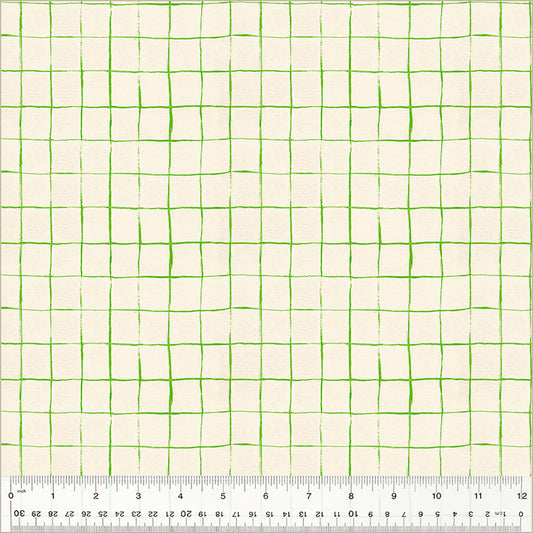 green hand drawn plaid lines over cotton background