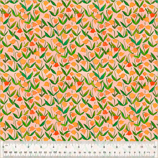 flowers that look like tulips, light orangey colors, with green stems, over light pink / salmon background 