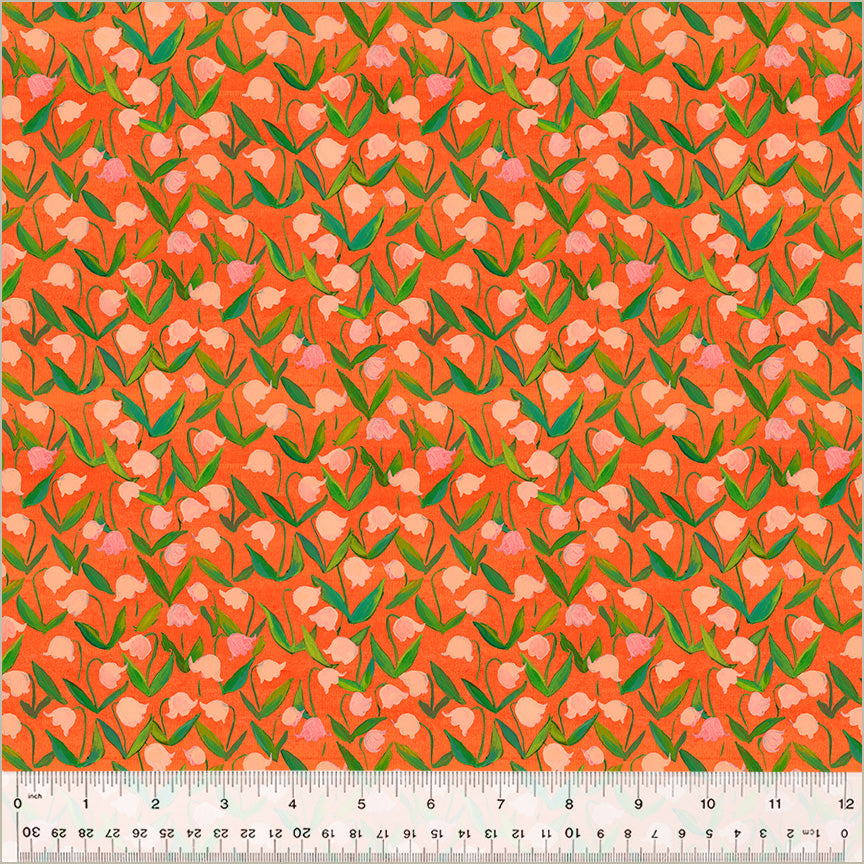 flowers that look like tulips, pink and light pink colors, with green stems, over coral/orange background 