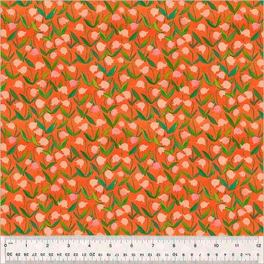 flowers that look like tulips, pink and light pink colors, with green stems, over coral/orange background 