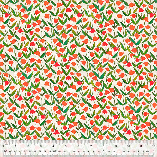 flowers that look like tulips, orange and red colors, with green stems, over white/cotton background 