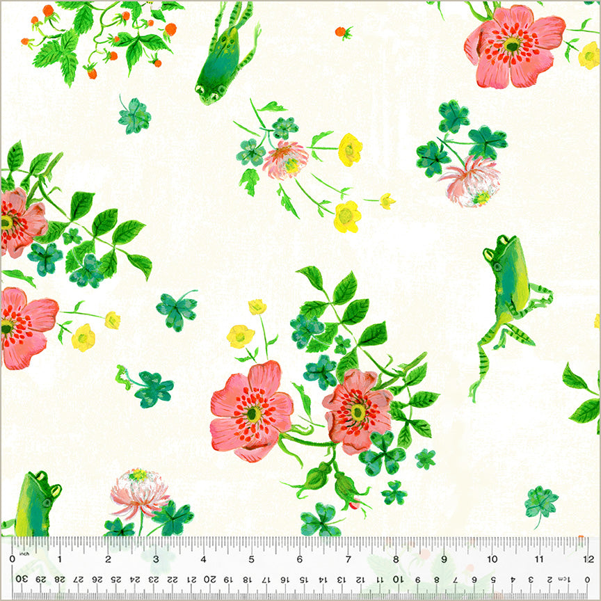 Heather ross by hand frog spring. little cute frogs swimming in ivory background, there are flower details that are green pink and yellow