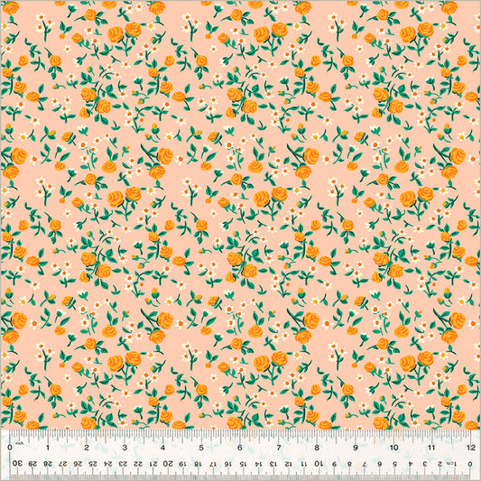 small florals, white and orangey flowers  with green stems over blush background 