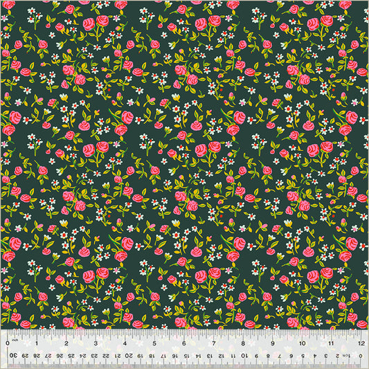 small florals, white and pink flowers with green-yellow stems. Over an dark green/gray background