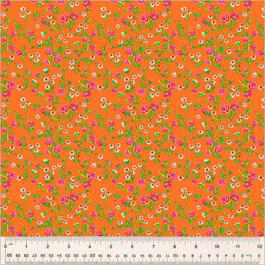 small florals, white and pink flowers with green stems. Over an orange background