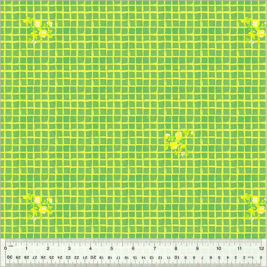 green background with horizontal and vertical lines running in parallel through all sides that make tiny squares. small yellow flowers are in the corners.