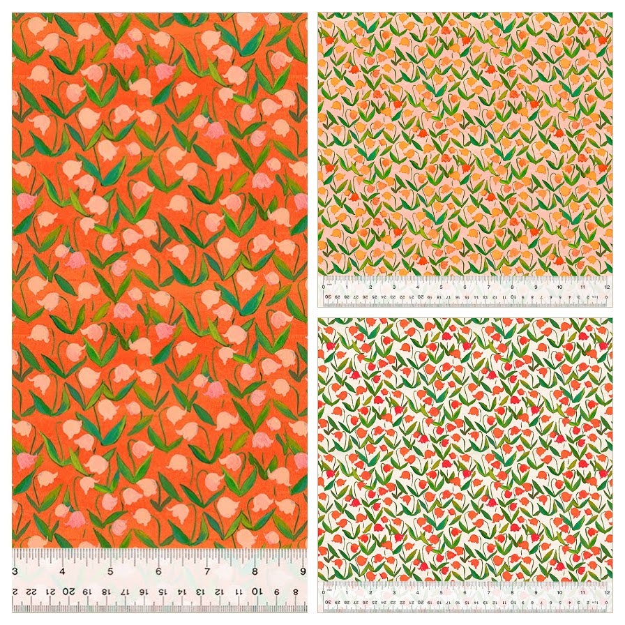 preview of all three flowerbed fabrics. click the arrow to see the next three images and their descriptions.