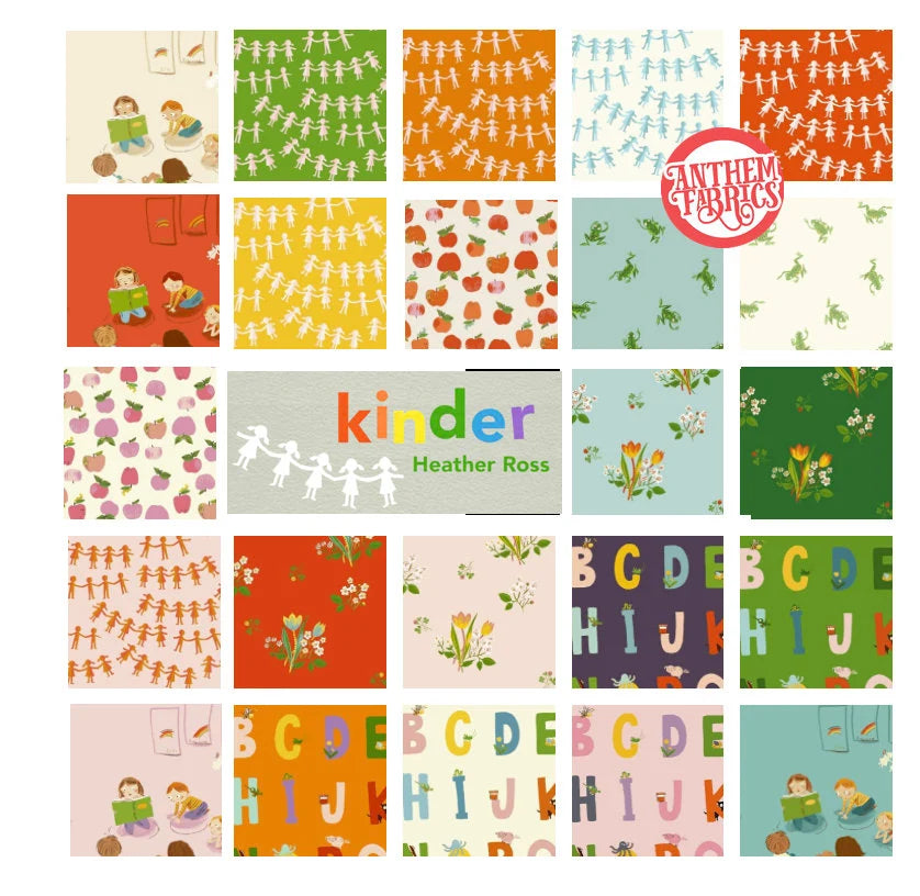 A 5x5 grid of colorful children's book illustration pattern swatches with the title 'kinder' and author 'Heather Ross' in the center, plus a circular 'ANTHEM FABRICS' logo at the top right.