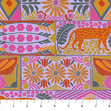 Colorful fabric pattern with flowers, animals, and geometric shapes on a white background.