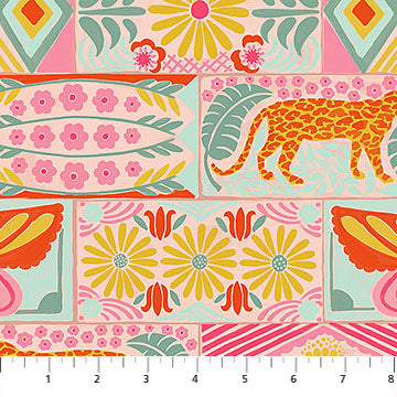 Colorful fabric pattern with animals and flowers on a white background