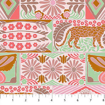Fabric with a pattern of animals and flowers in pink, brown, and green on a white background.