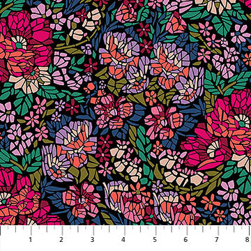 Colorful floral pattern fabric swatch on a white background