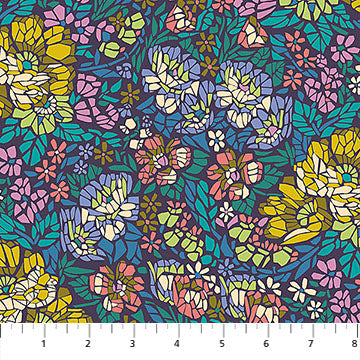 Colorful floral pattern fabric swatch on a white background