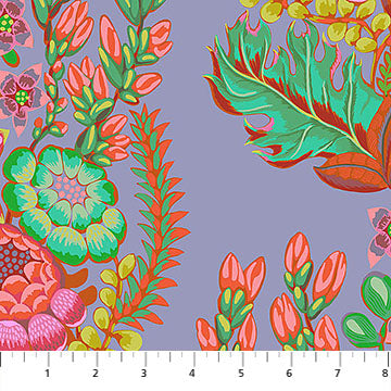 Colorful floral and leaf pattern on a fabric swatch with a ruler at the bottom.