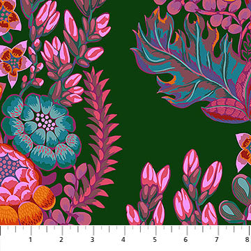 Colorful floral and leaf pattern on a green background with a fabric swatch at the bottom.
