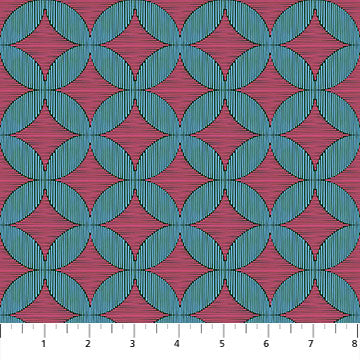 Patterned fabric with blue and pink geometric design on a white background