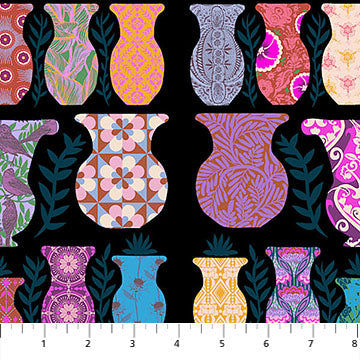 Patterned fabric with colorful vases and leaves on a black background