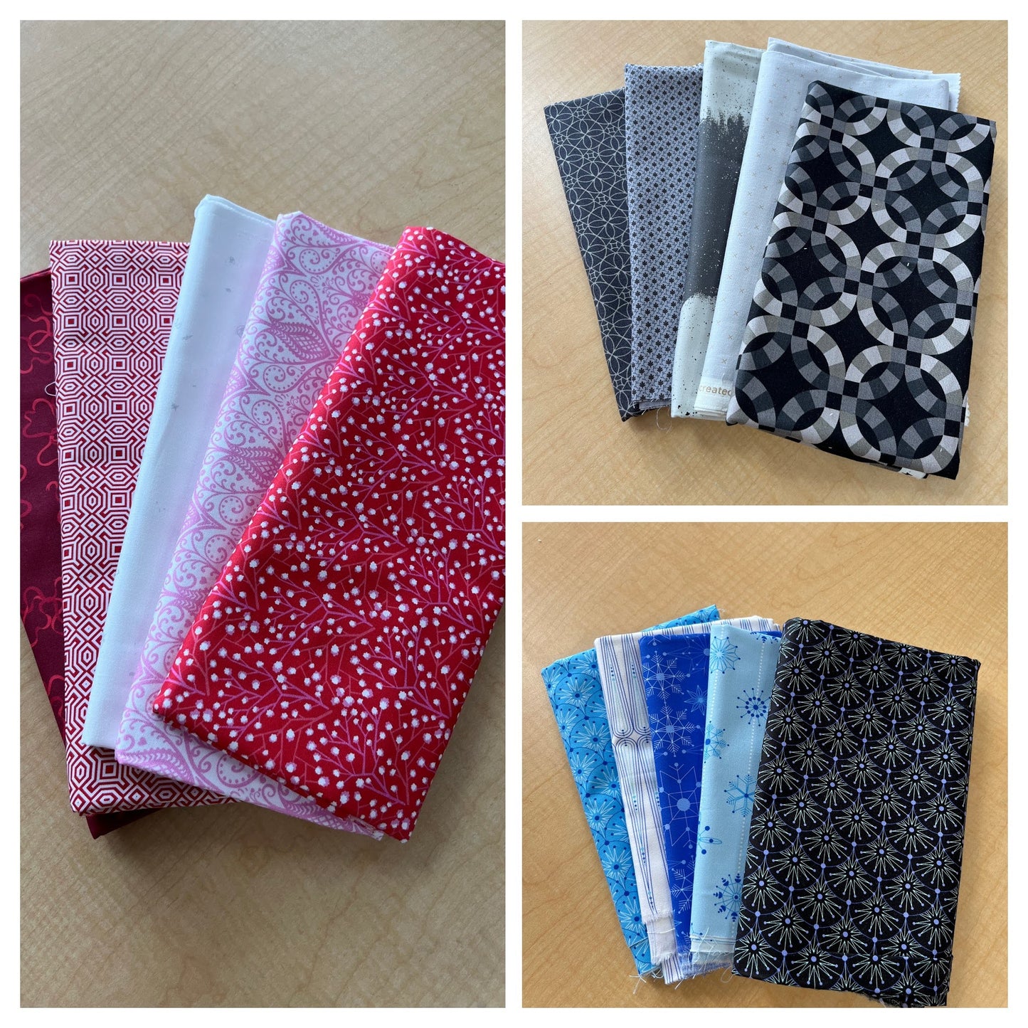 3 modern fabric bundles laid out. designs are modern-style prints