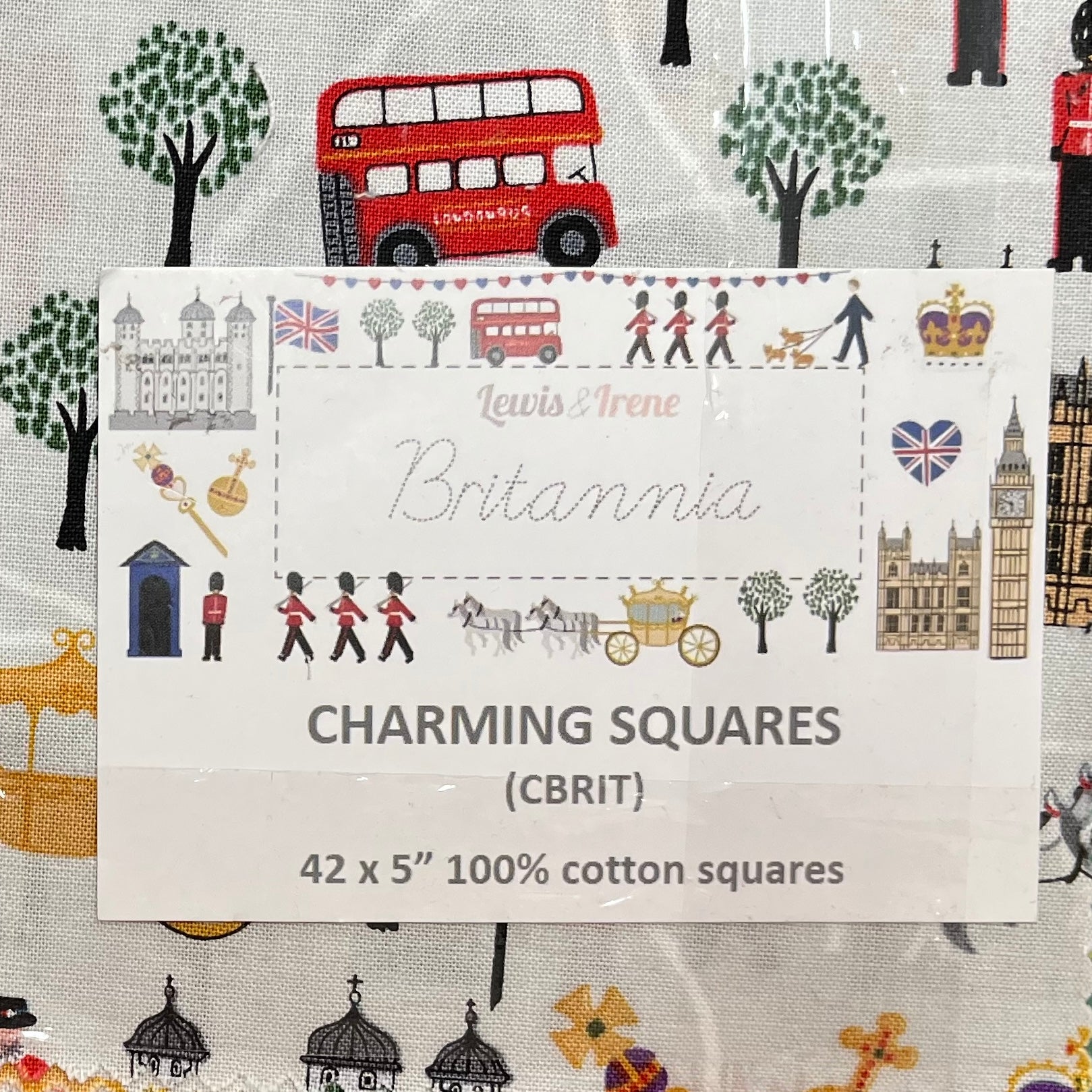 Packaging of Lewis & Irene Britannia Charming Squares fabric with London-themed design.