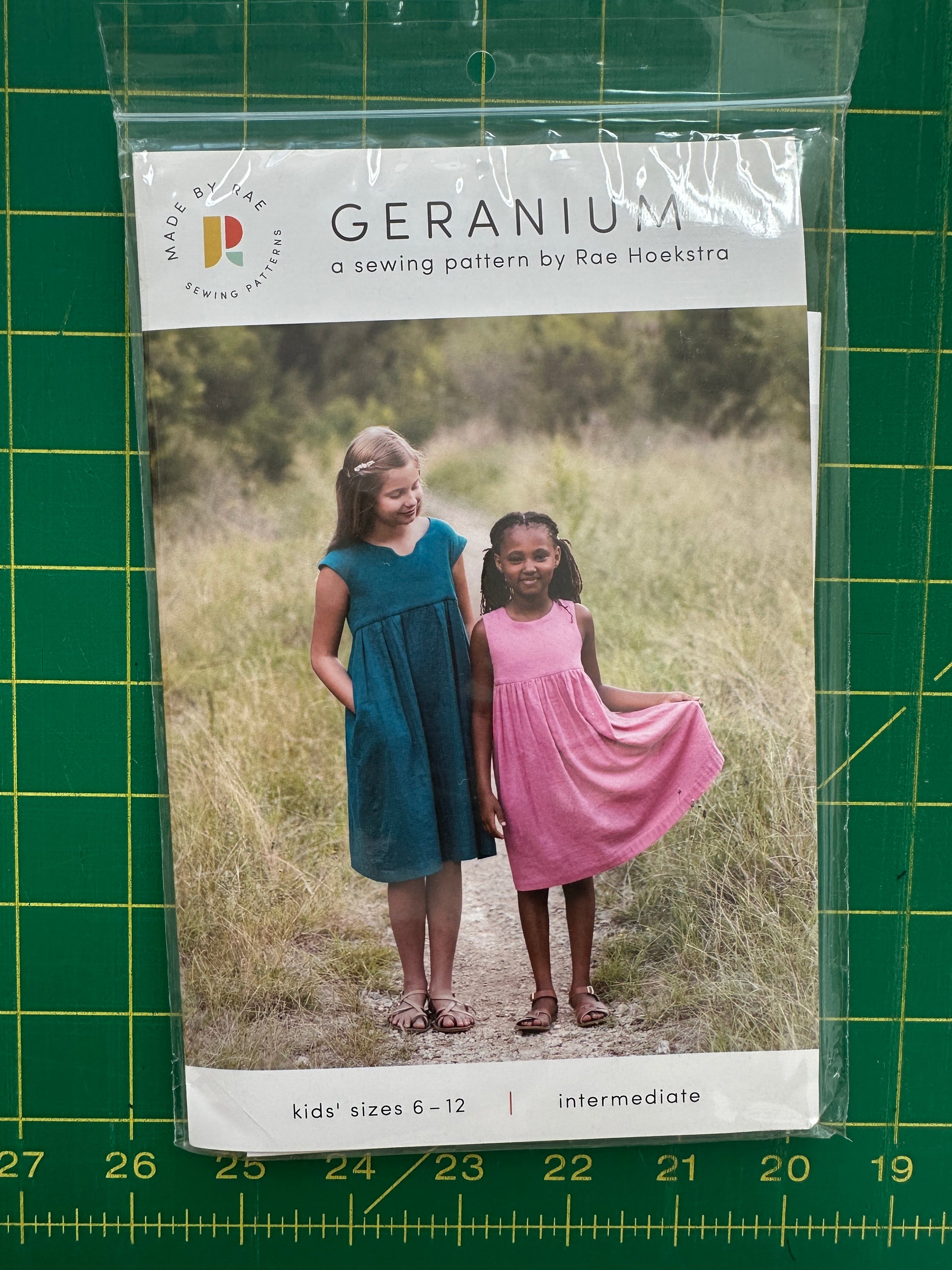 Sewing pattern packaging with two children in dresses on a green grid background