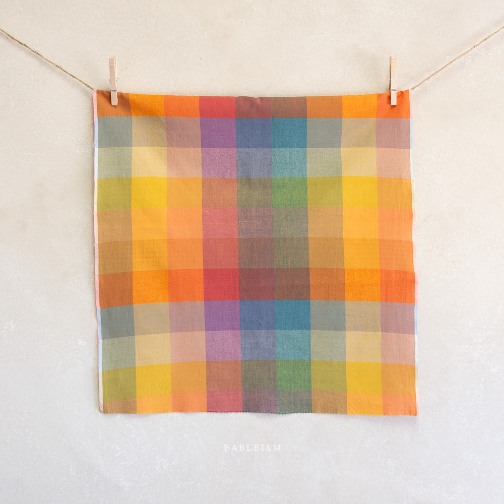 Multicolored checkered towel hanging on a line against a white background