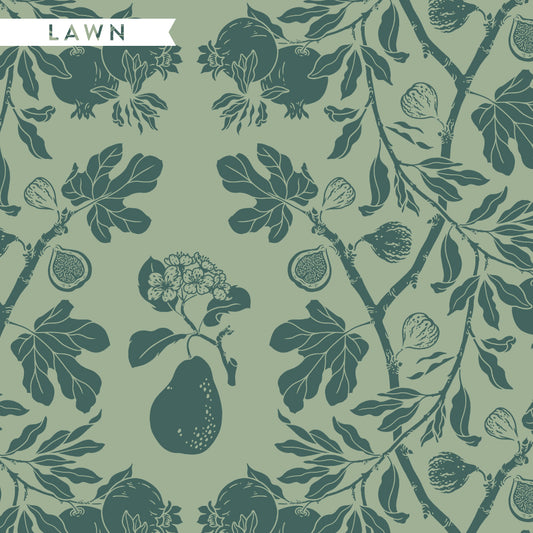 sage green tonal print with fruit and leaves