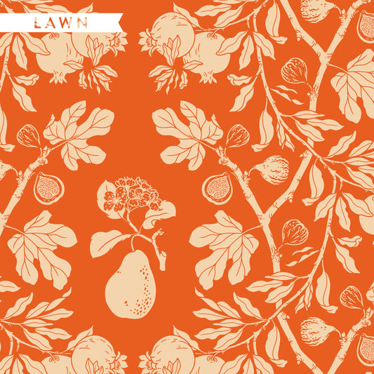 pear, fig, pomegranate in ivory on orange