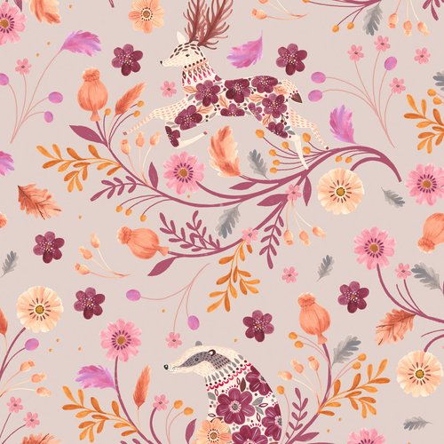 grey fabric with burgundy deer and badgers amidst pink and orange flowers
