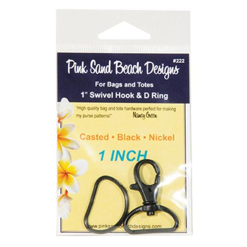 Packaged 1-inch swivel hook and D ring with floral design on a white background