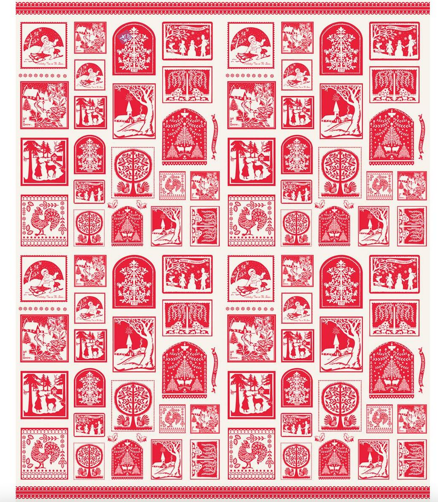 Pattern of red and white decorative Christmas themed designs on a white background