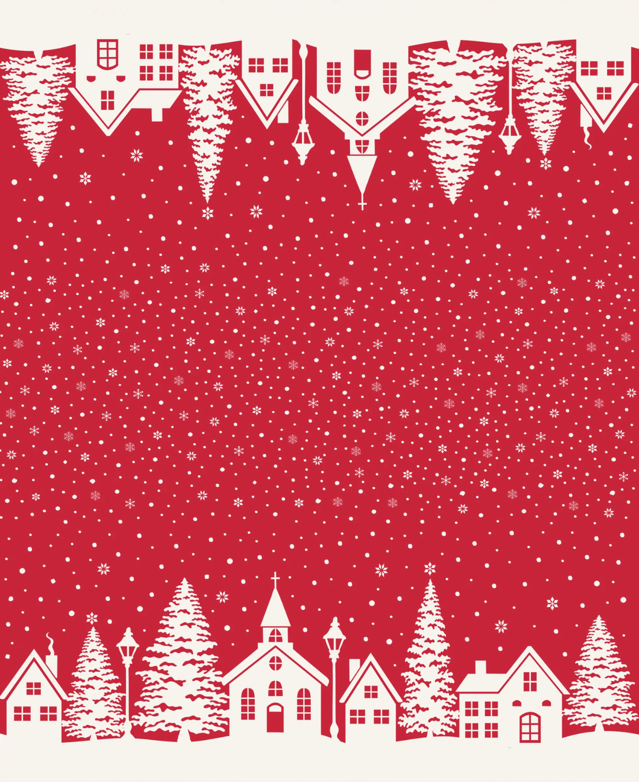 Fabric with a white village silhouette against a red sky filled with snowflakes 