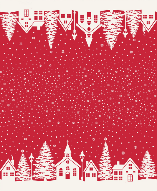 Fabric with a white village silhouette against a red sky filled with snowflakes 
