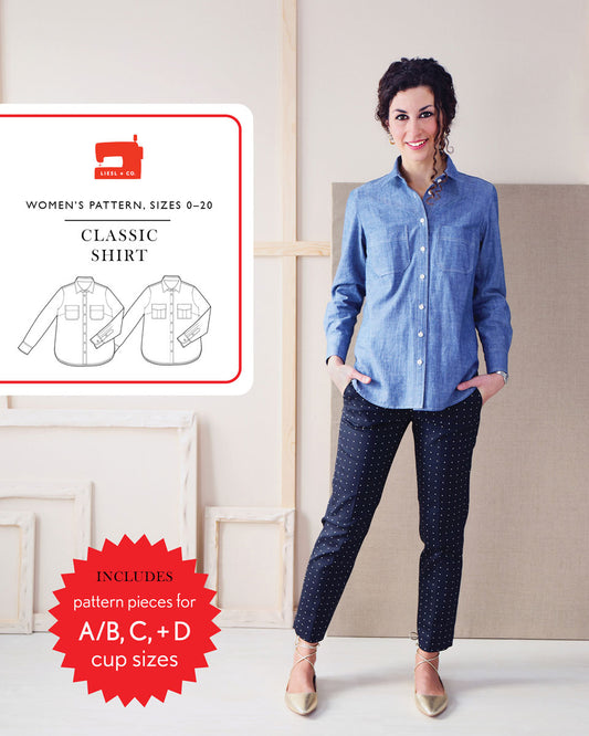 Sewing pattern packaging featuring a woman wearing a blue button down shirt and dark pants 