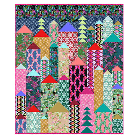 A colorful quilted patchwork design featuring stylized house shapes with geometric and floral patterns, framed by a pink border on a white background.