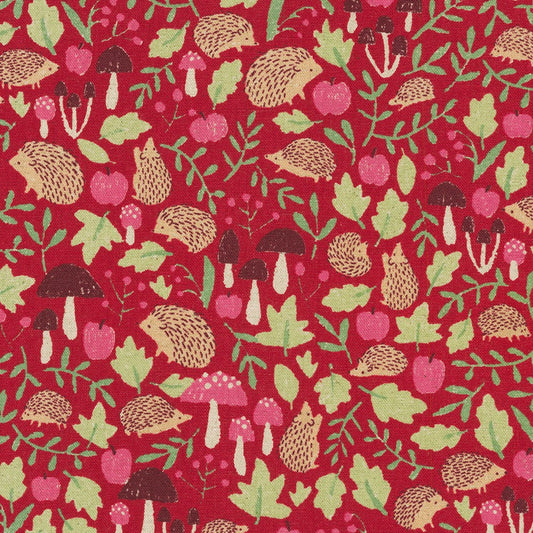 red hedgehog and mushroom flora print on canvas