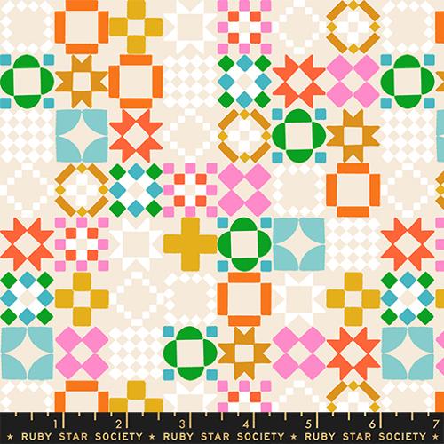 Colorful geometric quilt pattern with a ruler at the bottom, featuring Ruby Star Society branding.