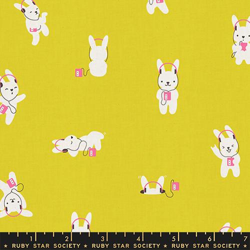Pattern of cartoon bunnies with headphones on a yellow background, featuring Ruby Star Society branding.