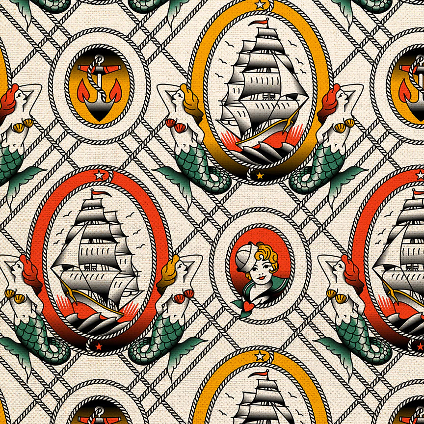 nautical tattoo style images of ships and mermaids 