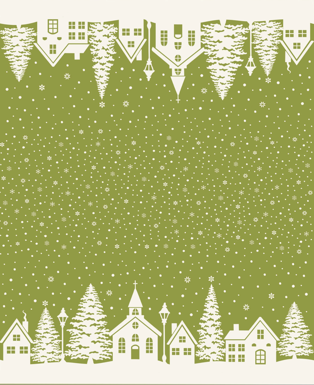 White silhouette of a town against a green sky filled with snowflakes 