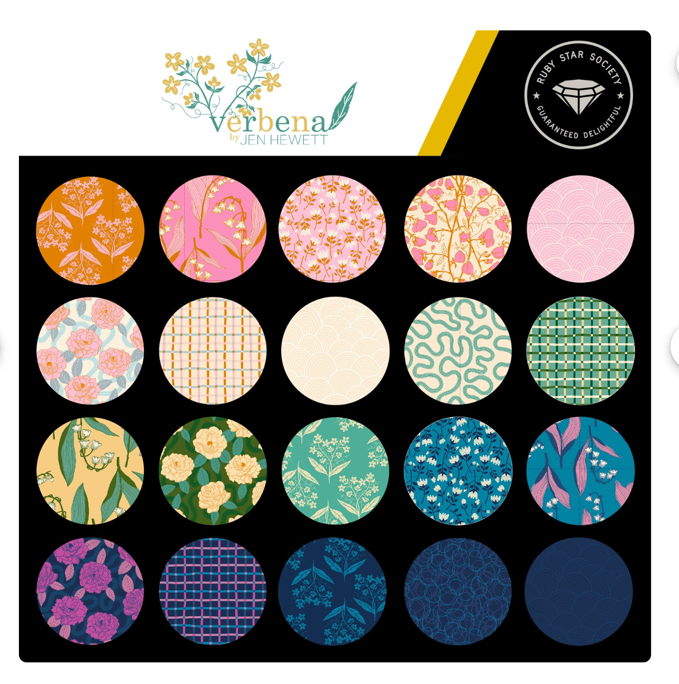 Color swatch palette with various floral and geometric patterns on a black background, featuring the Verbena by Jen Hewett brand.